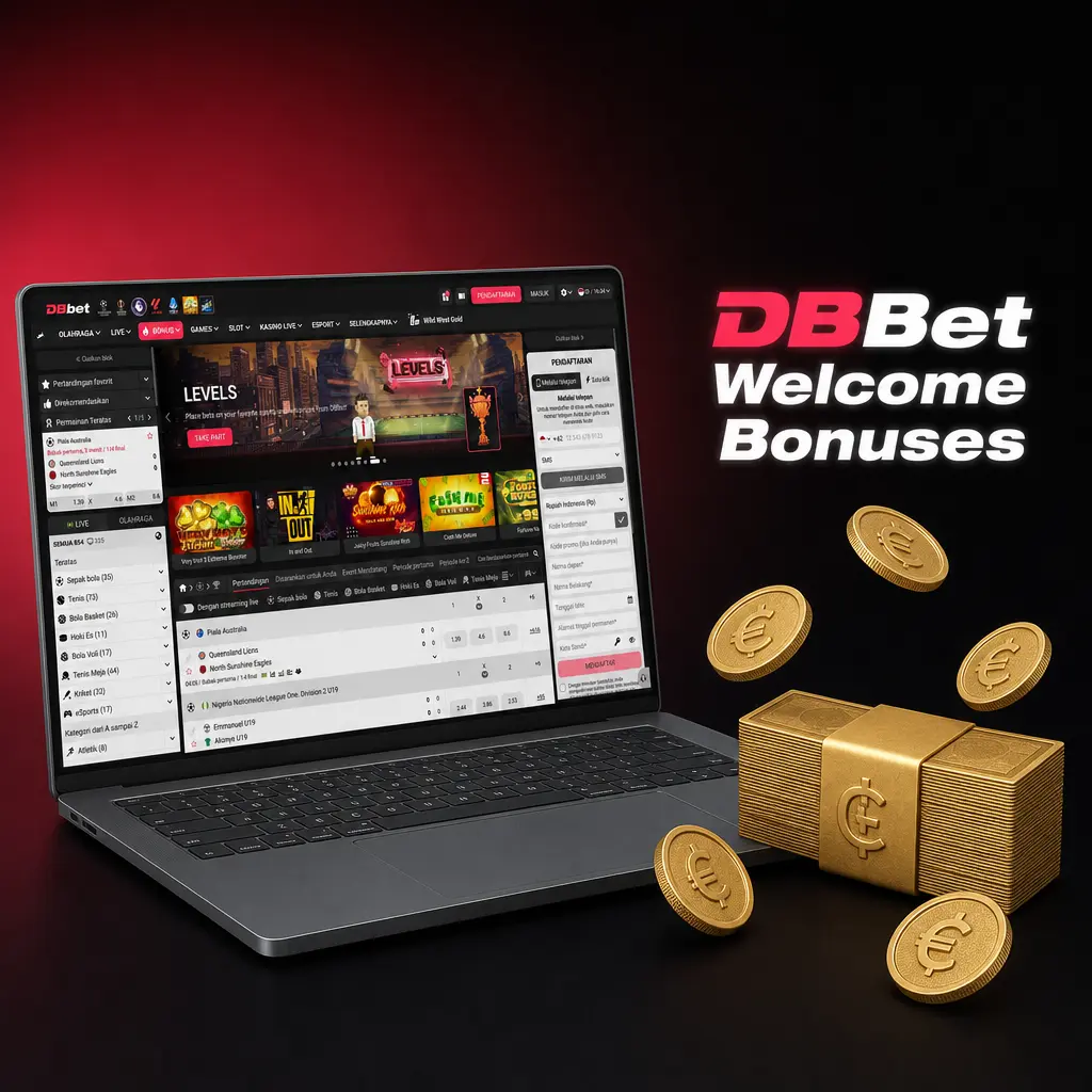 DBBet welcome bonuses showing 100% first deposit match for casino and sports betting up to IDR 2,057,988.62